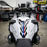 Adventure motorcycle tank pad with compass design and BMW style blue red stripes waterproof gel sticker Biker Shoppee original