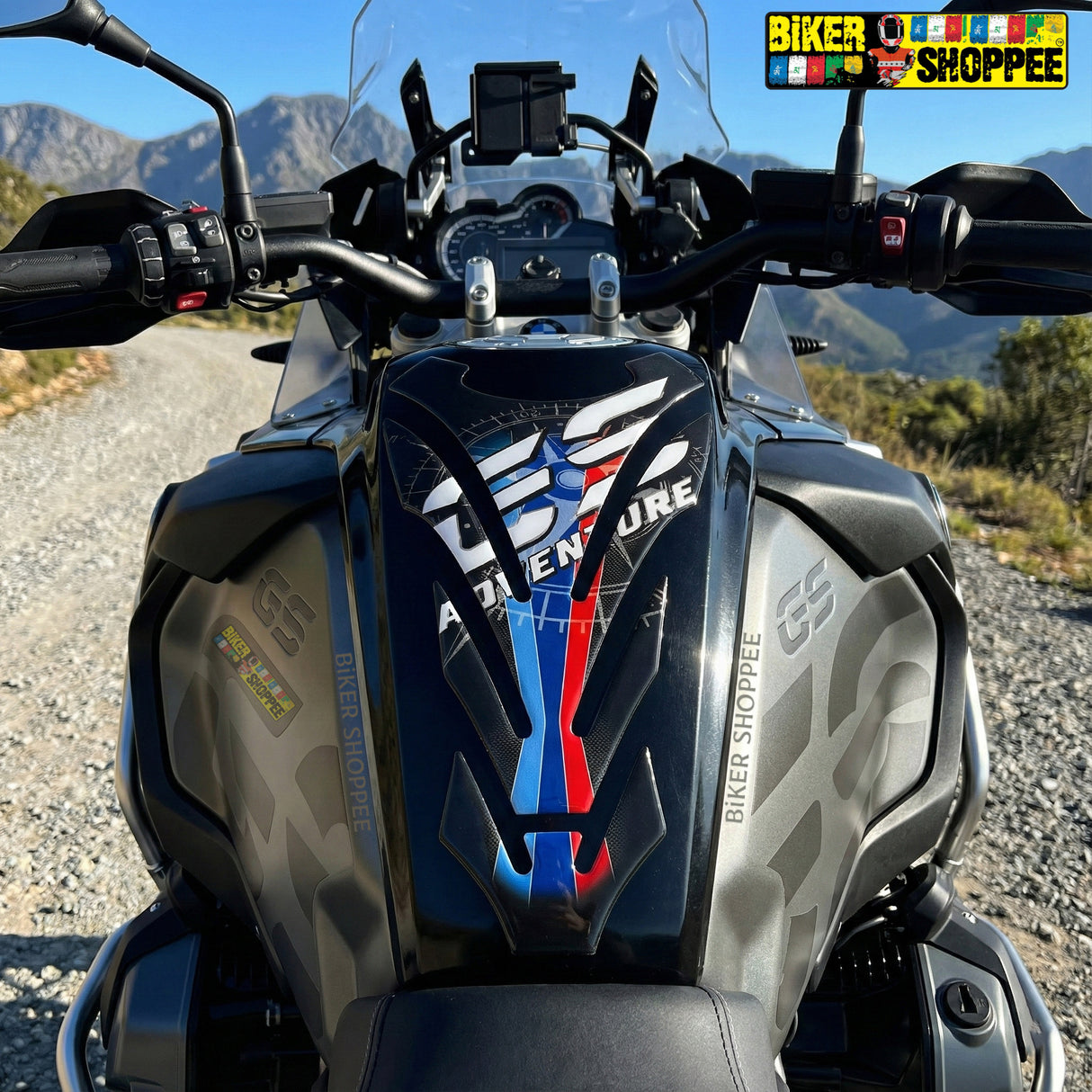 Adventure motorcycle tank pad with compass design and BMW style blue red stripes waterproof gel sticker Biker Shoppee original