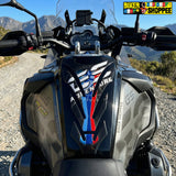 Adventure motorcycle tank pad with compass design and BMW style blue red stripes waterproof gel sticker Biker Shoppee original