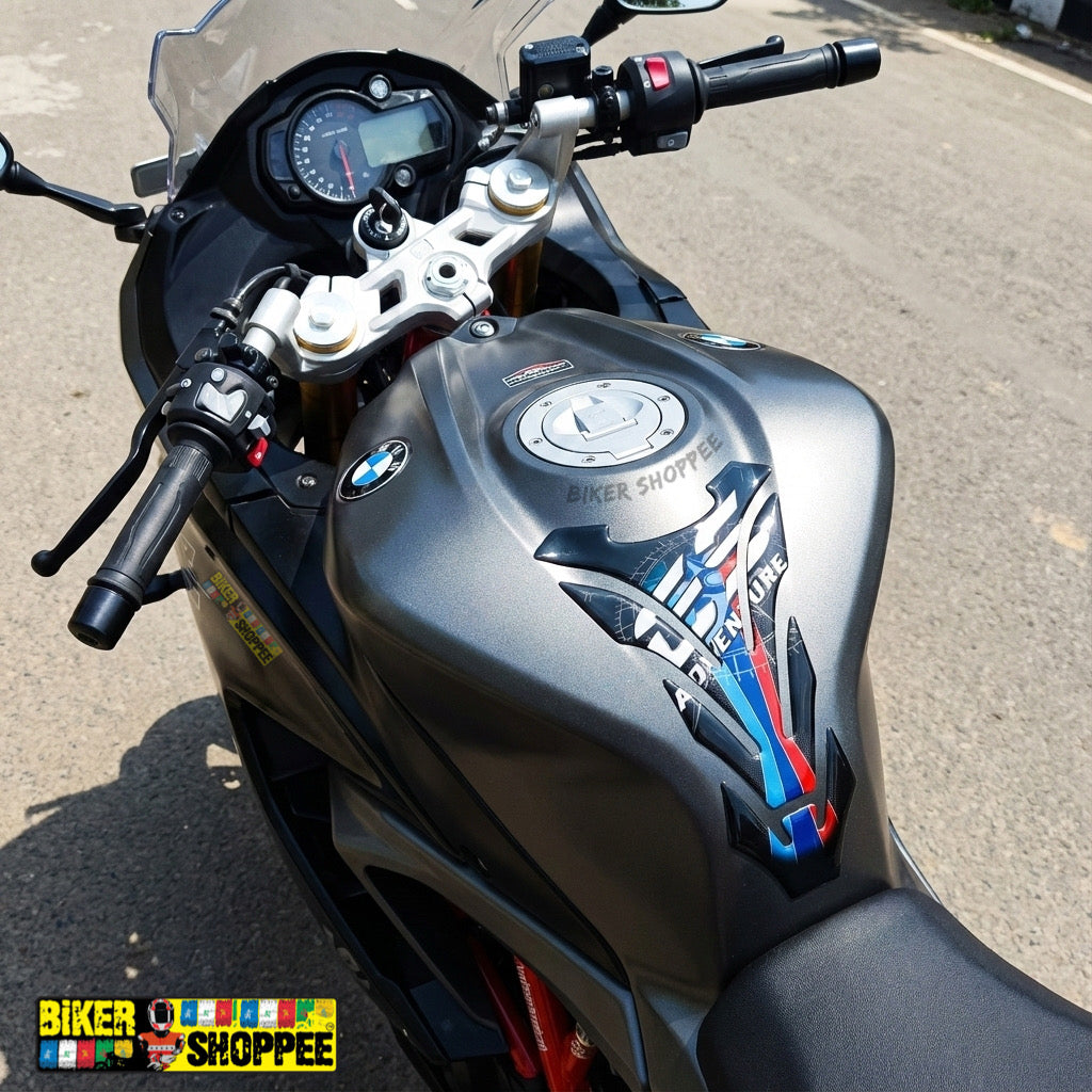 Adventure motorcycle tank pad with compass design and BMW style blue red stripes waterproof gel sticker Biker Shoppee original