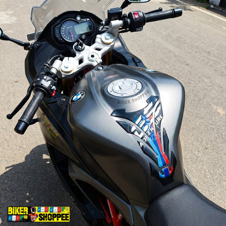 Adventure motorcycle tank pad with compass design and BMW style blue red stripes waterproof gel sticker Biker Shoppee original