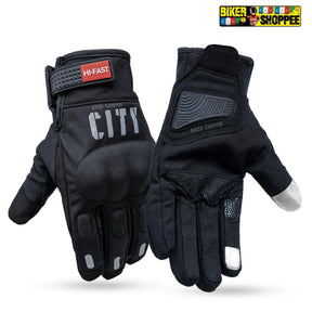 Hi-Fast City black motorcycle riding gloves with touchscreen tips and Biker Shoppee logo