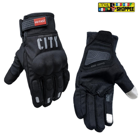 Hi-Fast City black motorcycle riding gloves with touchscreen tips and Biker Shoppee logo