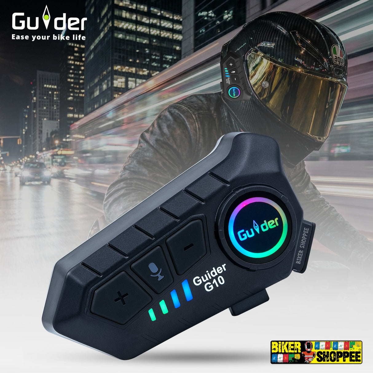 Guider G10 Bluetooth motorcycle helmet intercom headset with RGB lights and waterproof design attached to helmet