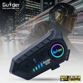 Guider G10 Bluetooth motorcycle helmet intercom headset with RGB lights and waterproof design attached to helmet