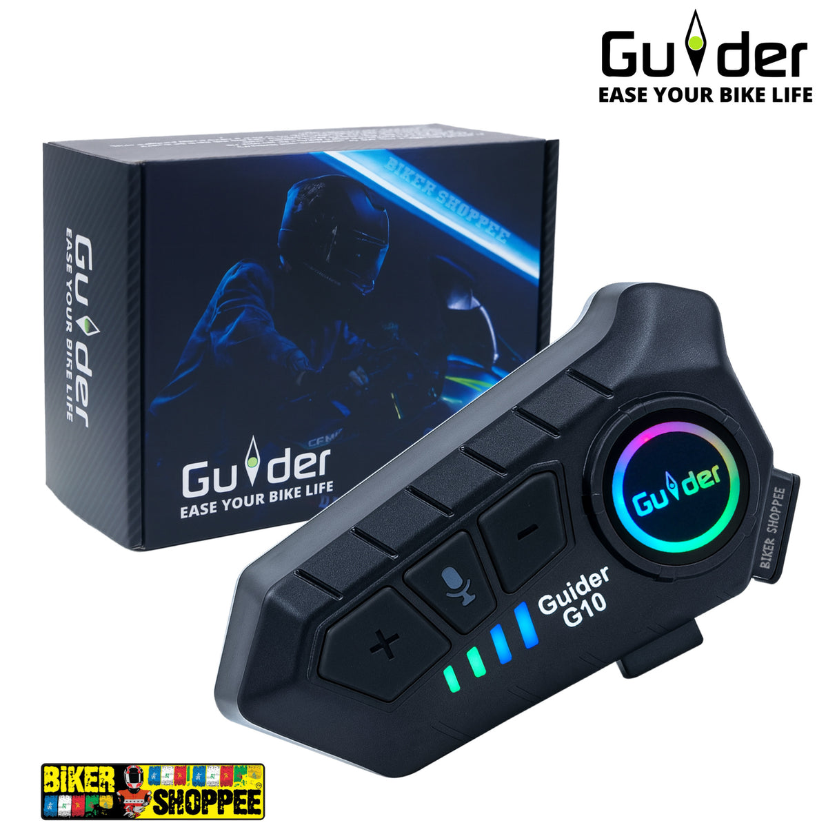 Guider G10 Bluetooth motorcycle helmet intercom headset with RGB lights and waterproof design attached to helmet