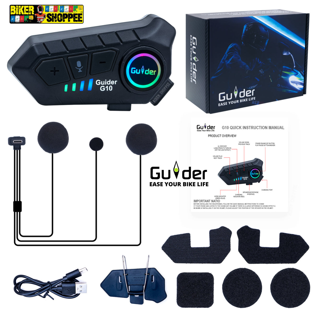 Guider G10 Bluetooth motorcycle helmet intercom headset with RGB lights and waterproof design attached to helmet