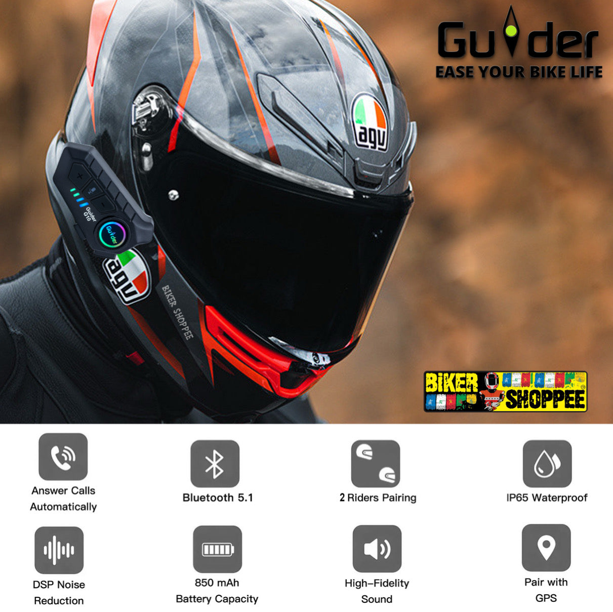 GUIDER G10 WIRELESS MOTORCYCLE HELMET BLUETOOTH HEADSET | BIKER SHOPPEE
