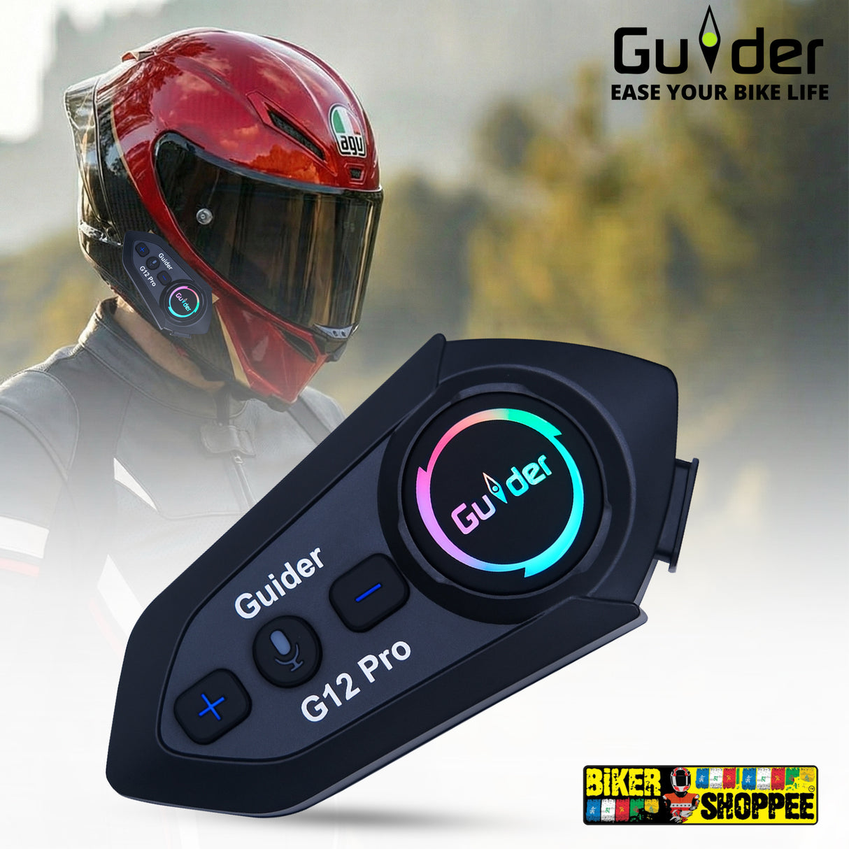 Guider G12 Pro Two Riders motorcycle helmet intercom with RGB light