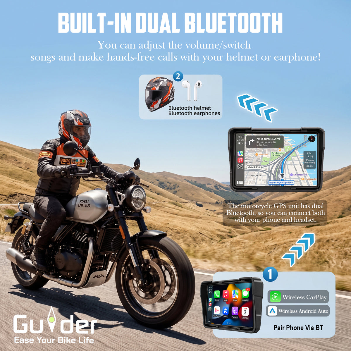 GUIDER 5.8" HD WIRELESS CARPLAY & ANDROID AUTO MOTORCYCLE SMART SYSTEM | DUAL HD DASHCAMS | BLE TIRE PRESSURE MONITORING (TPMS) | IP67 WATERPROOF BIKE TOUCHSCREEN CONSOLE