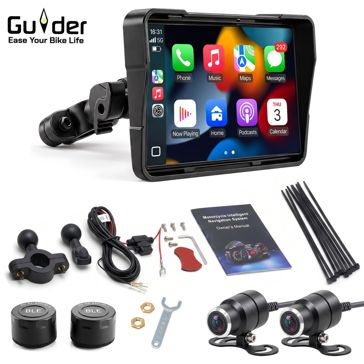 GUIDER 5.8" HD WIRELESS CARPLAY & ANDROID AUTO MOTORCYCLE SMART SYSTEM | DUAL HD DASHCAMS | BLE TIRE PRESSURE MONITORING (TPMS) | IP67 WATERPROOF BIKE TOUCHSCREEN CONSOLE