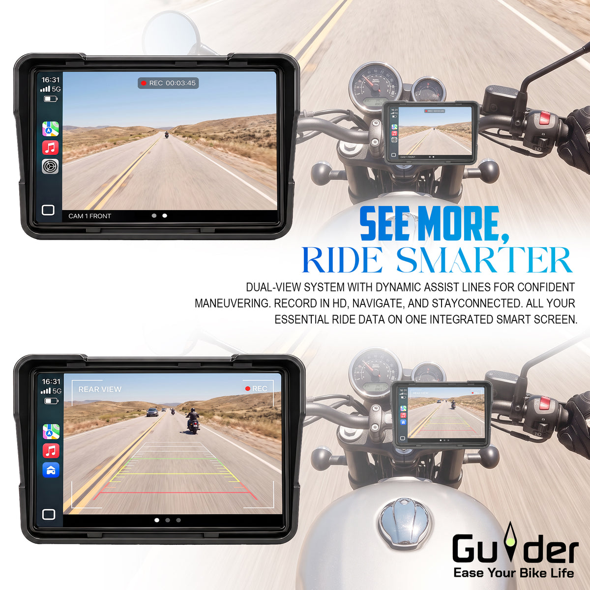 GUIDER 5.8" HD WIRELESS CARPLAY & ANDROID AUTO MOTORCYCLE SMART SYSTEM | DUAL HD DASHCAMS | BLE TIRE PRESSURE MONITORING (TPMS) | IP67 WATERPROOF BIKE TOUCHSCREEN CONSOLE