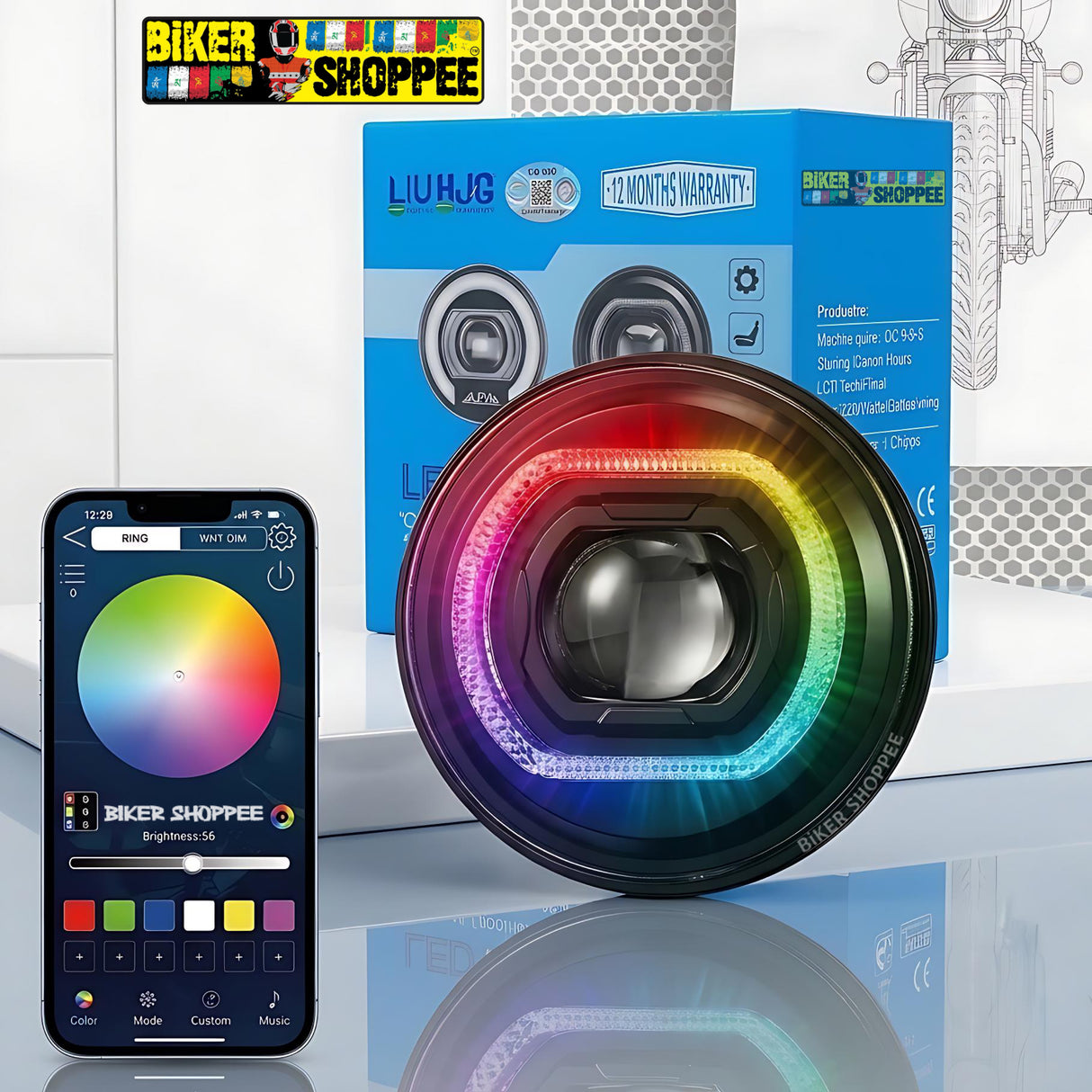 LIU HJG C-316 CHROMA VORTEX 7 INCH HALO RING RGB AI LED HEADLIGHT | BIKER SHOPPEE