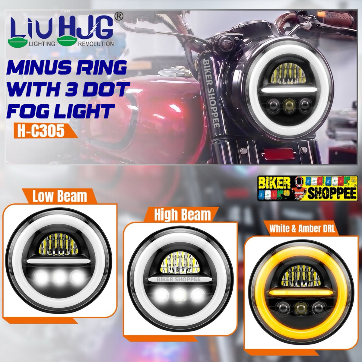 LIU HJG H-C305 MINUS RING PRO 7 INCH LED HEADLIGHT WITH FOG LIGHT | BIKER SHOPPEE