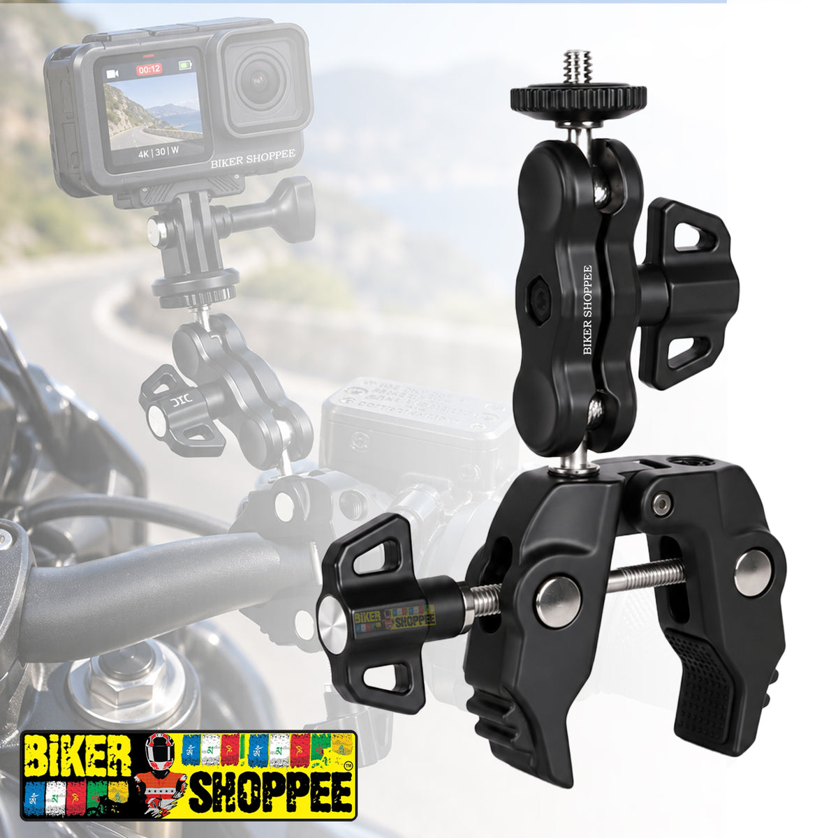 MOTORCYCLE ACTION CAMERA SUPER CLAMP MOUNT WITH 360° MAGIC ARM | BIKER SHOPPEE