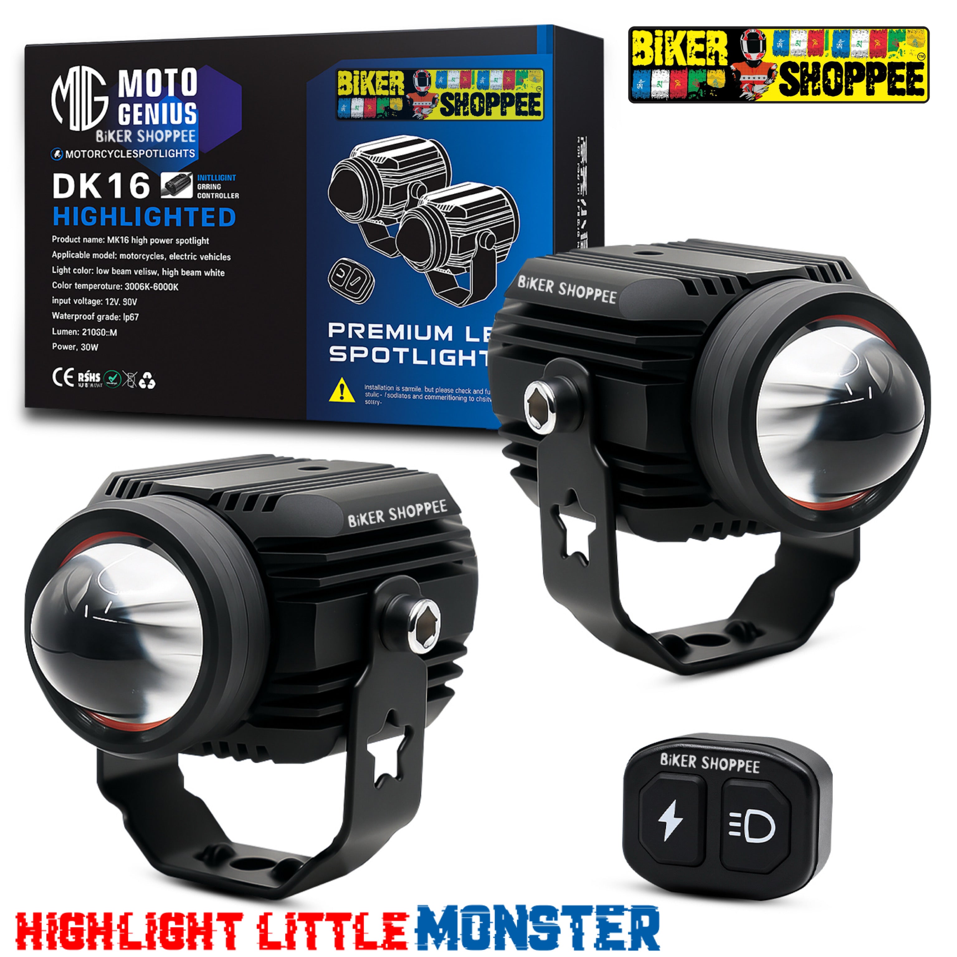 LITTLE MONSTER DK16 LED FOG LIGHT WITH WIRING AND WIRELESS SWITCH