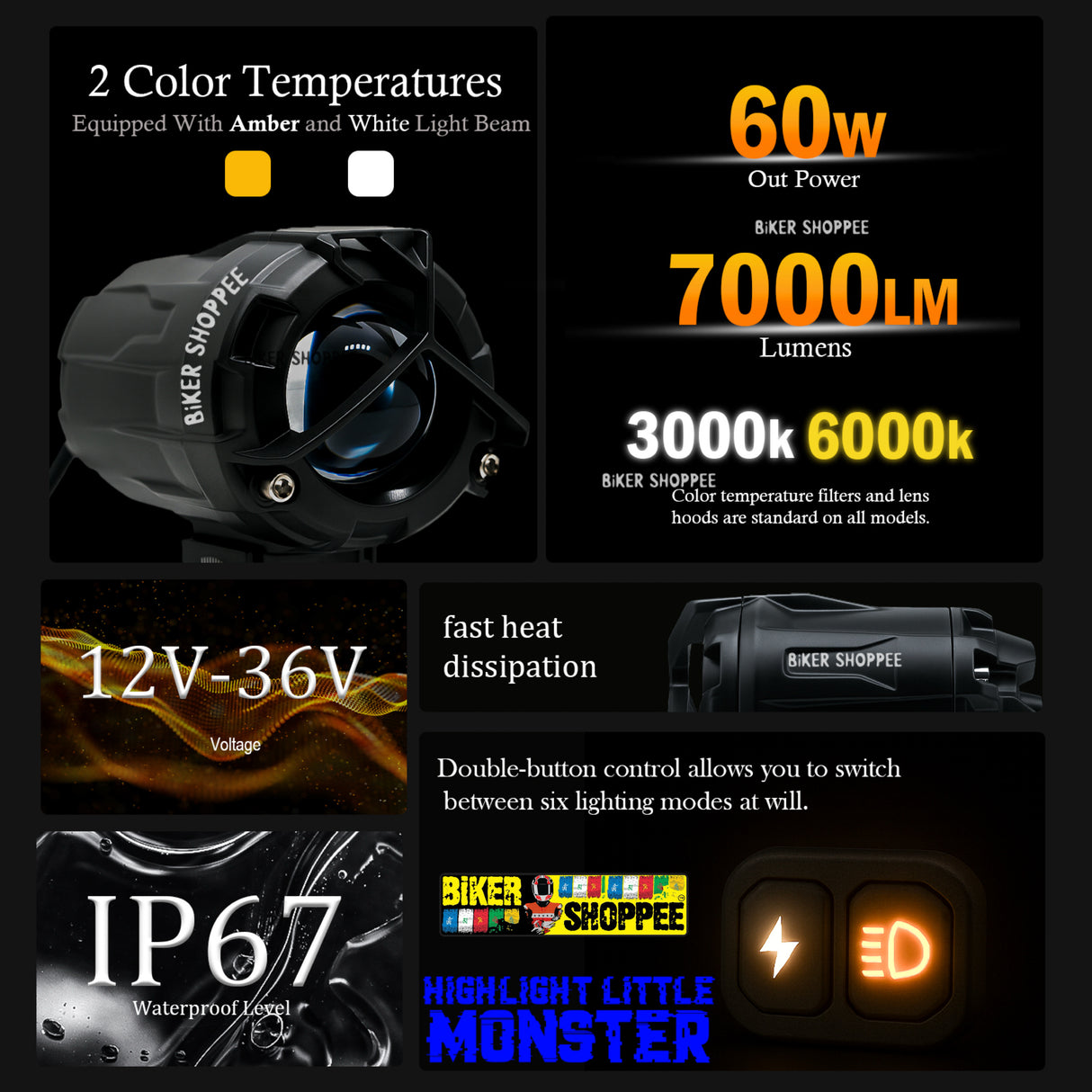 LITTLE MONSTER DK350 Y MONO LENS LED FOG LIGHT WITH WIREHARNESS AND WIRELESS SWITCH