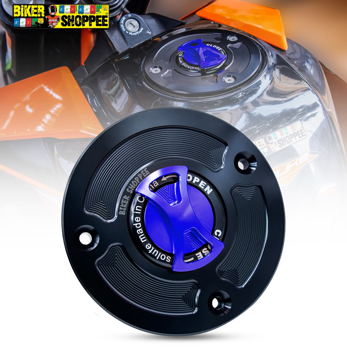 CNC Keyless Quick Release Fuel Tank Cap BLUE and Black for KTM Duke And KTM RC with Biker Shoppee Sticker