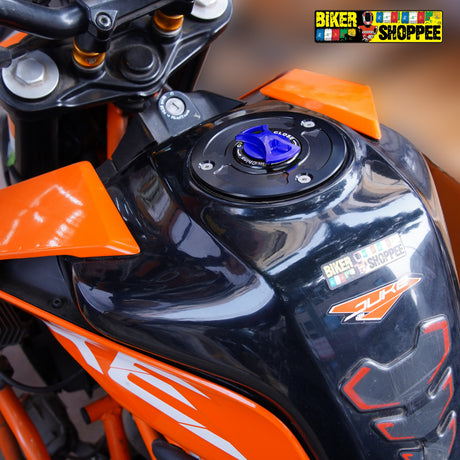CNC Keyless Quick Release Fuel Tank Cap Blue and Black for KTM Duke And KTM RC with Biker Shoppee Sticker