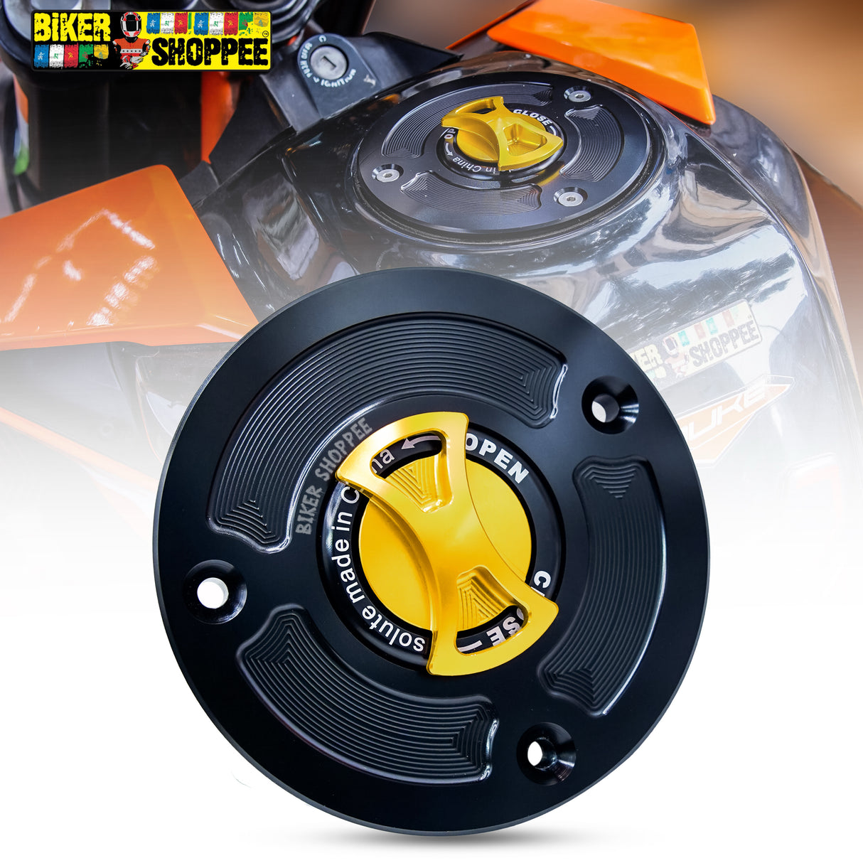 CNC Keyless Quick Release Fuel Tank Cap GOLDEN and Black for KTM Duke And KTM RC with Biker Shoppee Sticker