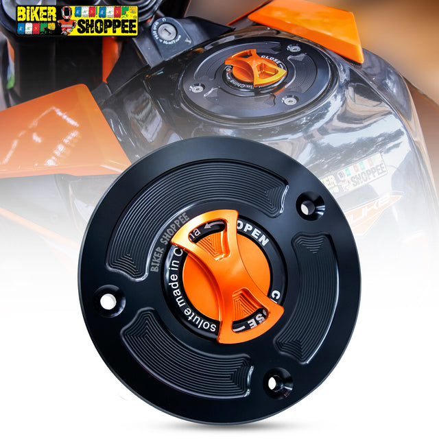 CNC Keyless Quick Release Fuel Tank Cap Orange and Black for KTM Duke And KTM RC with Biker Shoppee Sticker