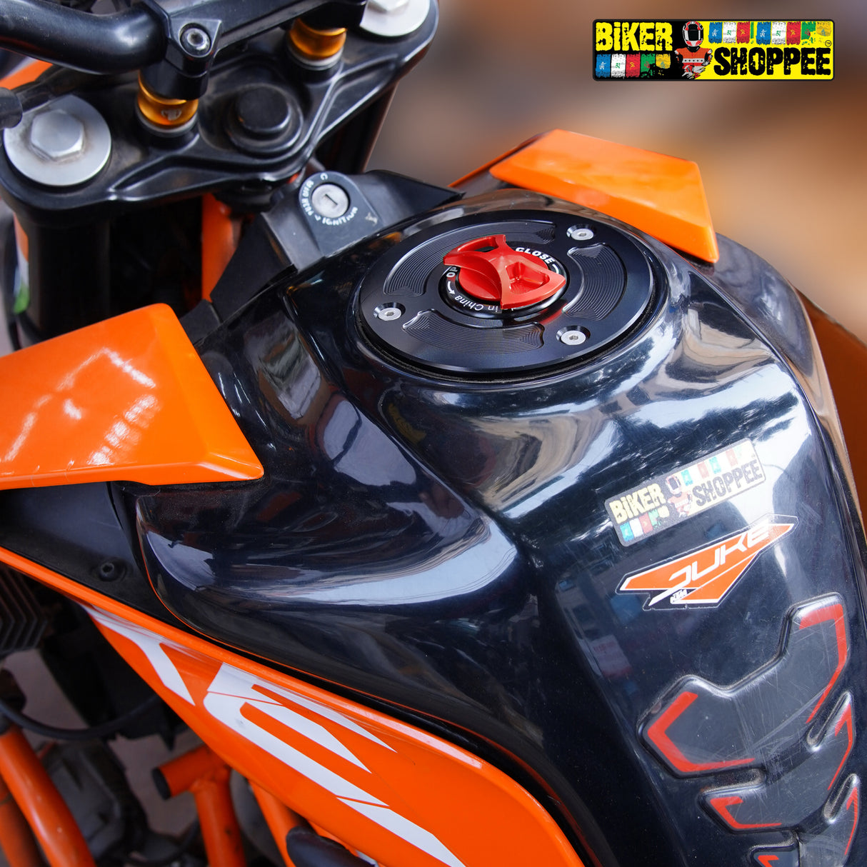 CNC Keyless Quick Release Fuel Tank Cap Orange and Black for KTM Duke 390 with Biker Shoppee Sticker