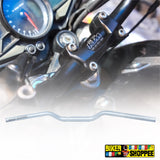 Premium silver motorcycle handlebar for NS200 & NS160 handle conversion kit & KTM Duke 390 with laser etched Biker Shoppee logo installed on bike