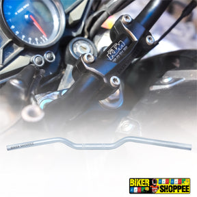 Premium silver motorcycle handlebar for NS200 & NS160 handle conversion kit & KTM Duke 390 with laser etched Biker Shoppee logo installed on bike