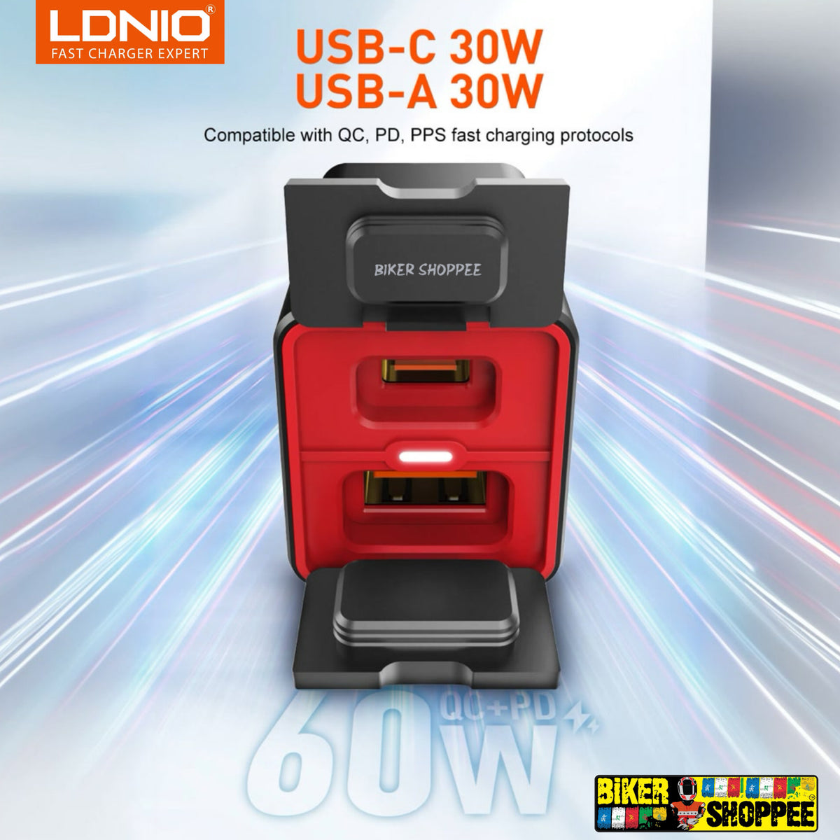 LDNIO 60W MOTORCYCLE FAST CHARGER 60W - PD QC3.0LDNIO C108 60W MOTORCYCLE FAST CHARGER PD QC3.0 IPX6 WATERPROOF | BIKER SHOPPEE