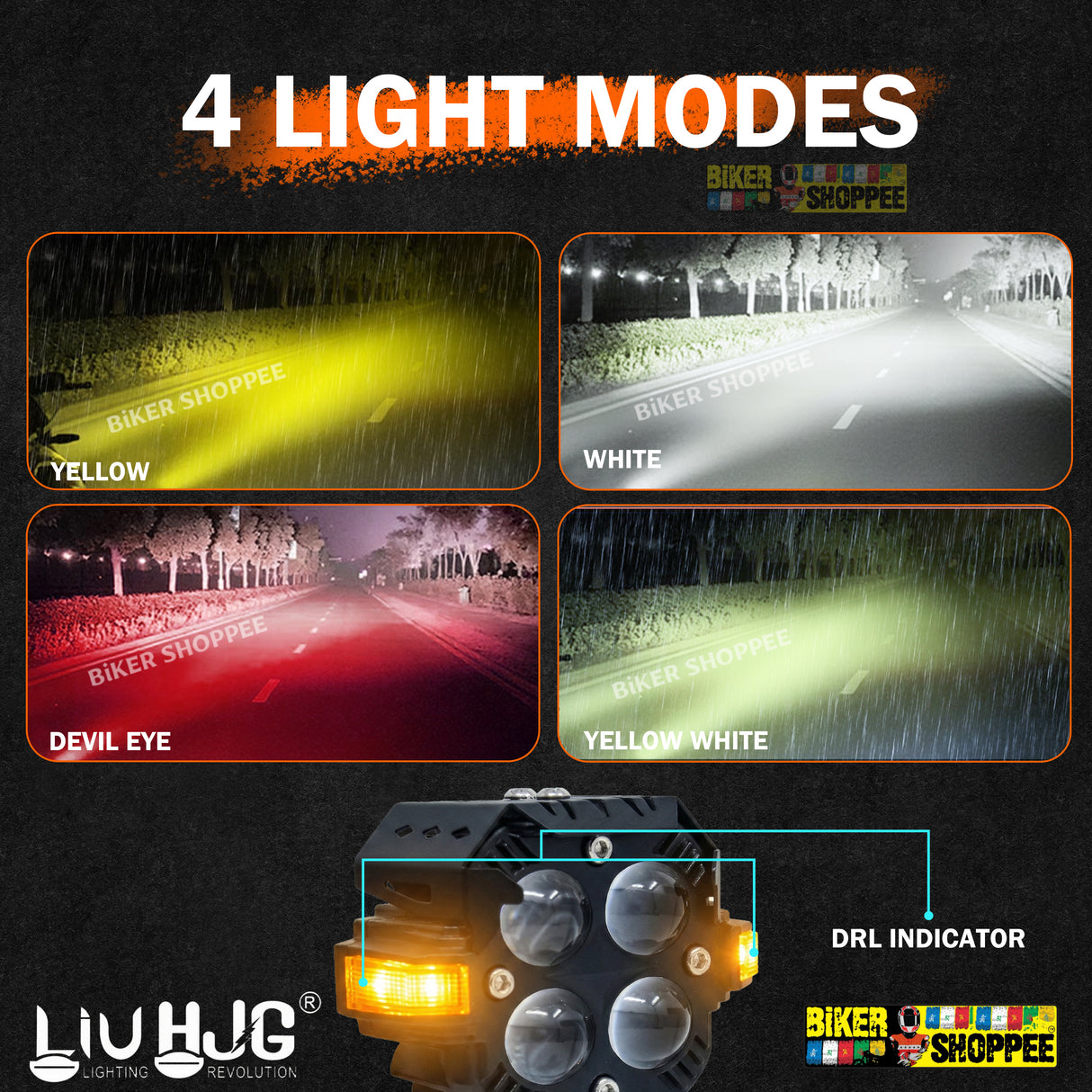 LIU HJG S65 Arachnid 4 lens motorcycle fog lights 80W yellow white beam with red devil eye original Biker Shoppee