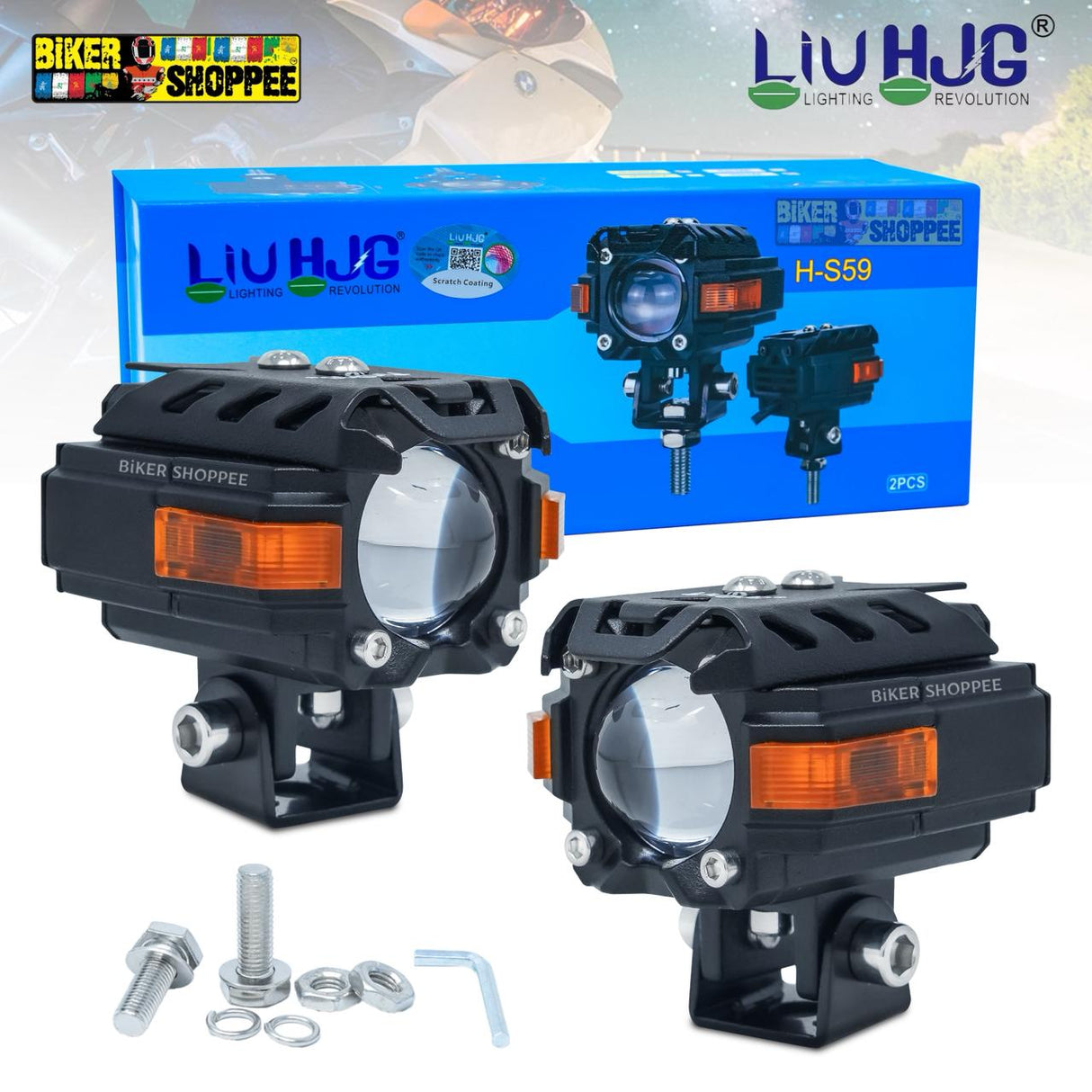 LIU HJG S59 Future Eye motorcycle fog lights 60W dual beam yellow white with red devil eye DRL and mounting brackets Biker Shoppee original
