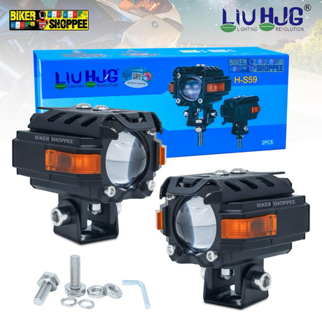 LIU HJG S59 Future Eye motorcycle fog lights 60W dual beam yellow white with red devil eye DRL and mounting brackets Biker Shoppee original