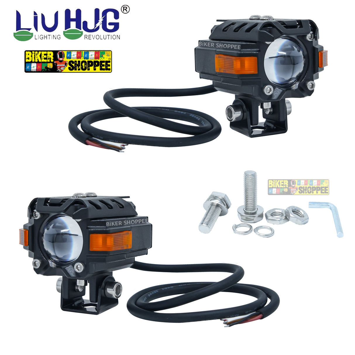 LIU HJG S59 Future Eye motorcycle fog lights 60W dual beam yellow white with red devil eye DRL and mounting brackets Biker Shoppee original