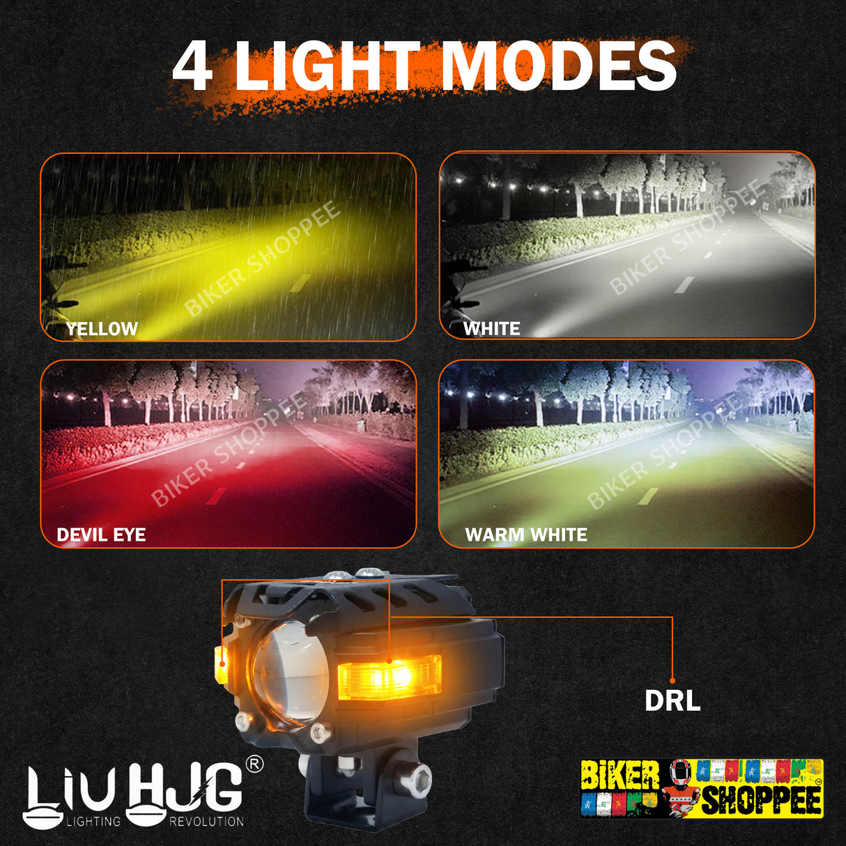 LIU HJG S59 Future Eye motorcycle fog lights 60W dual beam yellow white with red devil eye DRL and mounting brackets Biker Shoppee original