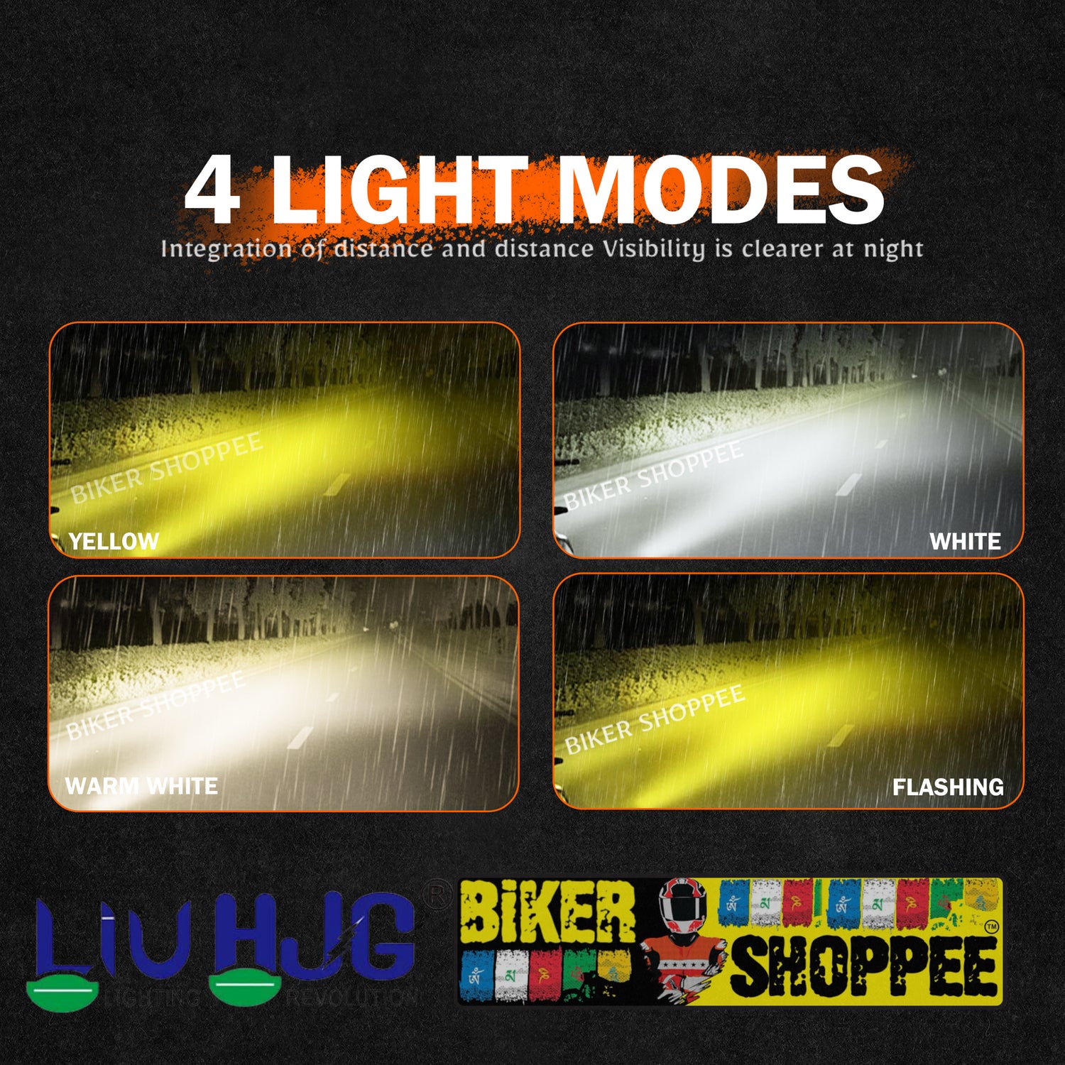 Four light mode examples with text and logos on a dark background