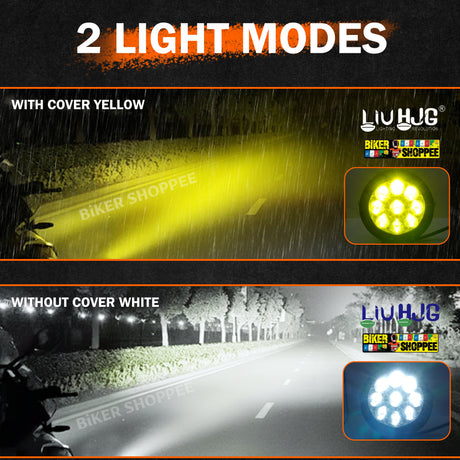 LIU HJG Nova-9 180W round motorcycle fog lights with 9 LEDs and yellow cover filters original Biker Shoppee
