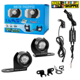 A motorcycle auxiliary light kit by Biker Shoppee, including two black LED light units with mounting brackets, an inline wiring harness with a black relay, two small black mounting clips, and the blue retail box. The brand name 'Liu HJC' is visible on the lights and box, and 'Biker Shoppee' is visible on the box and as a shop logo overlay.