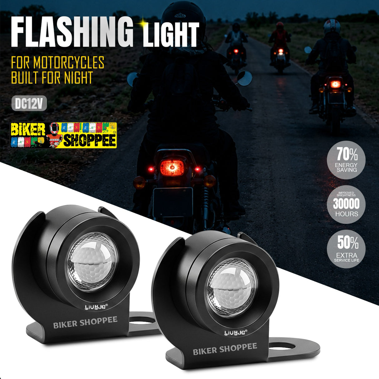 Two black LED motorcycle headlight beams shown in the foreground on a white diagonal section, with a nighttime road scene of motorcyclists in the background. Large text reads 'FLASHING LIGHT FOR MOTORCYCLES BUILT FOR NIGHT' and 'DC12V'.