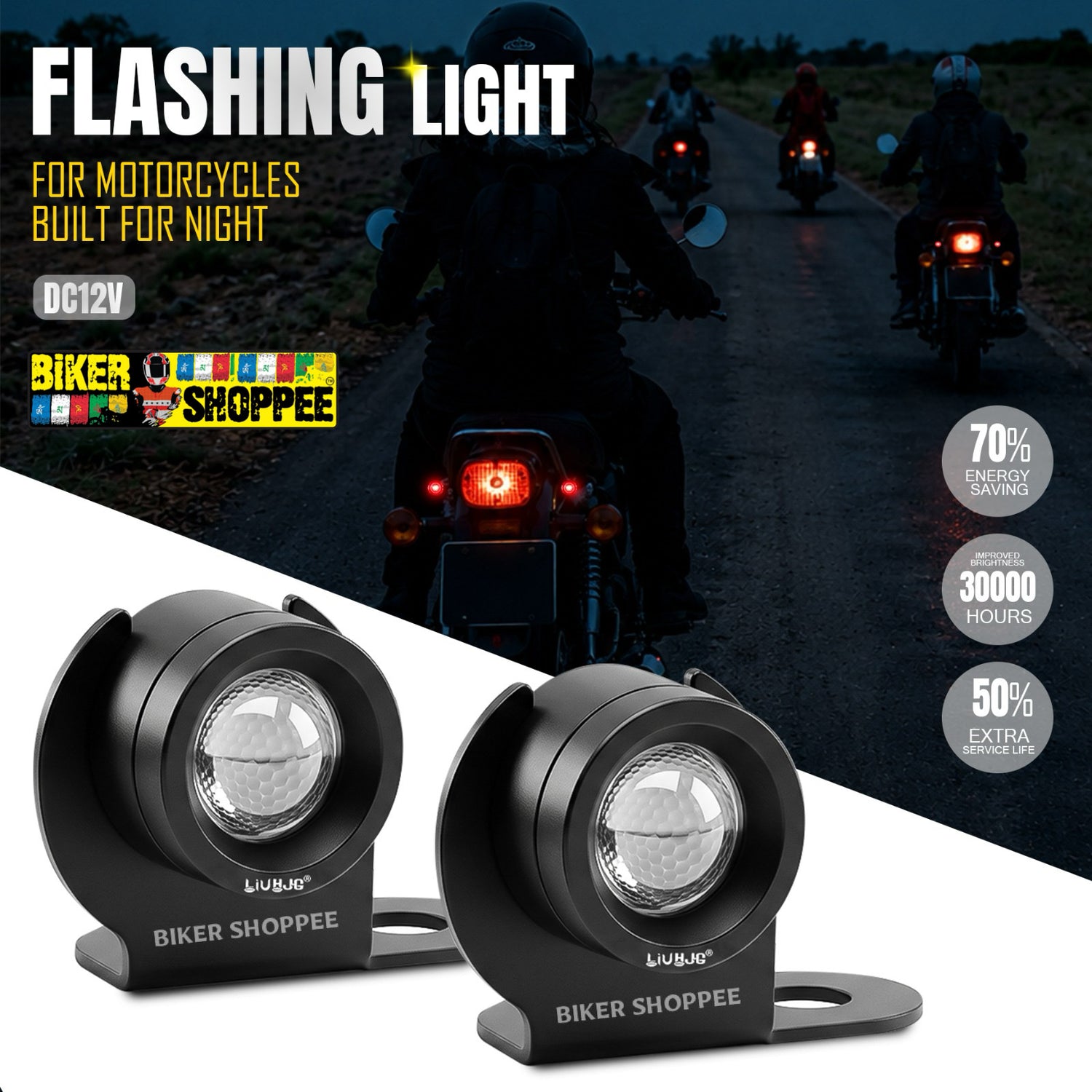 Two black LED motorcycle headlight beams shown in the foreground on a white diagonal section, with a nighttime road scene of motorcyclists in the background. Large text reads 'FLASHING LIGHT FOR MOTORCYCLES BUILT FOR NIGHT' and 'DC12V'.