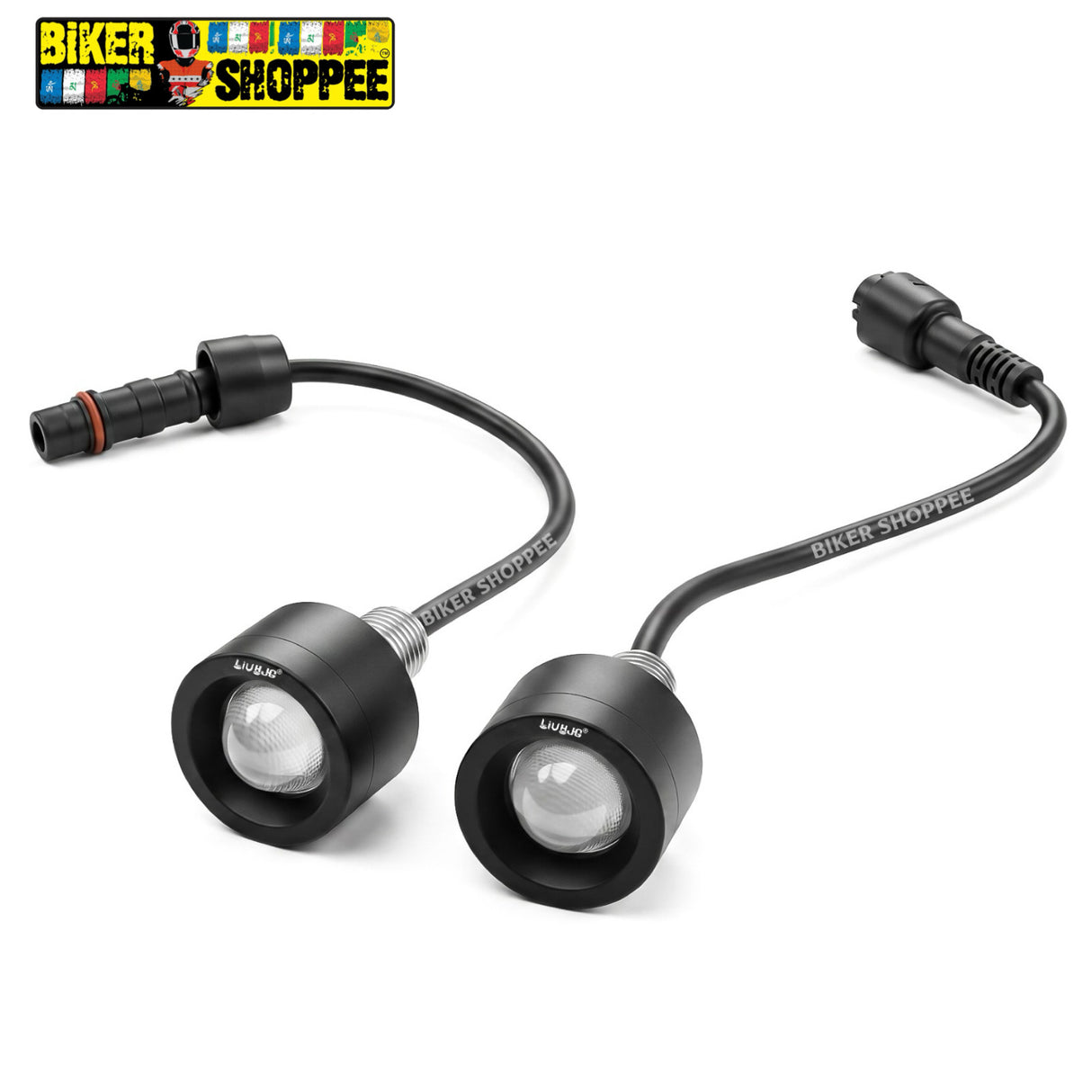 Two small black motorcycle or bicycle headlight bulbs with attached black cables and connectors, shown on a white background. The brand name 'BIKER SHOPPEE' is printed on the cable and also appears in the top-left corner logo.