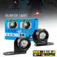 Two RED LIU HJG Biker Shoppee blinker light motorcycle headlight units shown in front of their blue retail box, with a blurred background of motorcycles on a road at night and the text 'BLINKER LIGHT'. STROBE LIGTH