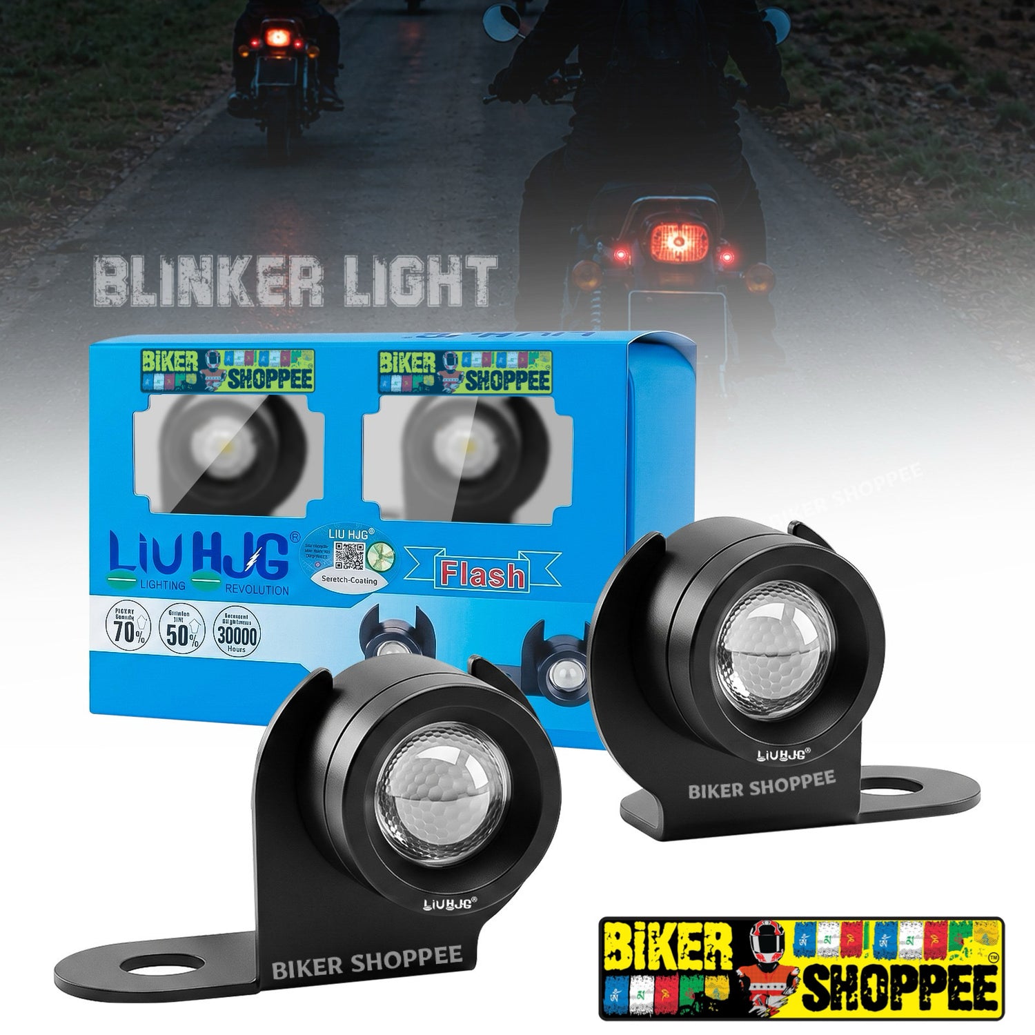 Two RED LIU HJG Biker Shoppee blinker light motorcycle headlight units shown in front of their blue retail box, with a blurred background of motorcycles on a road at night and the text 'BLINKER LIGHT'. STROBE LIGTH