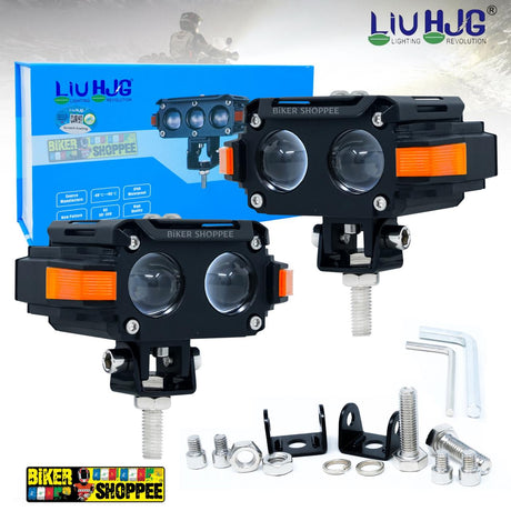 LIU HJG TWIN STRIKE S60 twin lens motorcycle fog lights with orange side DRL and red devil eye mounting kit original Biker Shoppee