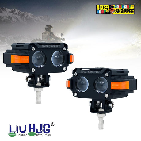 LIU HJG TWIN STRIKE S60 twin lens motorcycle fog lights with orange side DRL and red devil eye mounting kit original Biker Shoppee