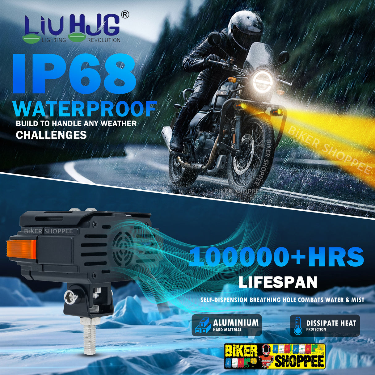 LIU HJG TWIN STRIKE S60 twin lens motorcycle fog lights with orange side DRL and red devil eye mounting kit original Biker Shoppee