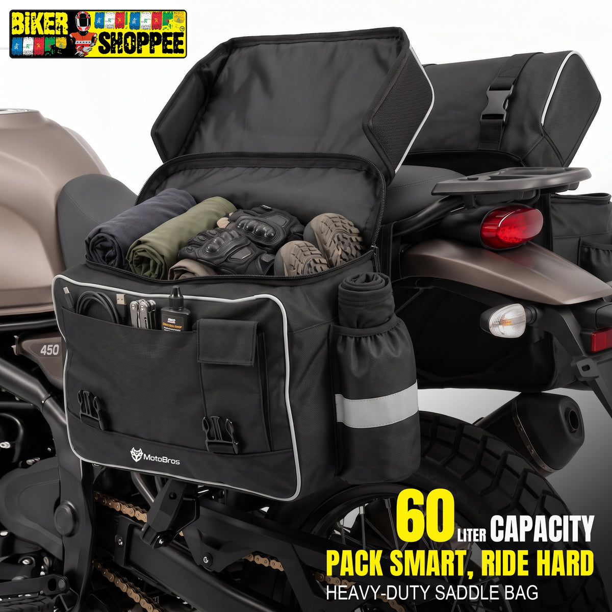 MOTOBROS 60L ECONOMY MOTORCYCLE SADDLE BAGS | BIKER SHOPPEE