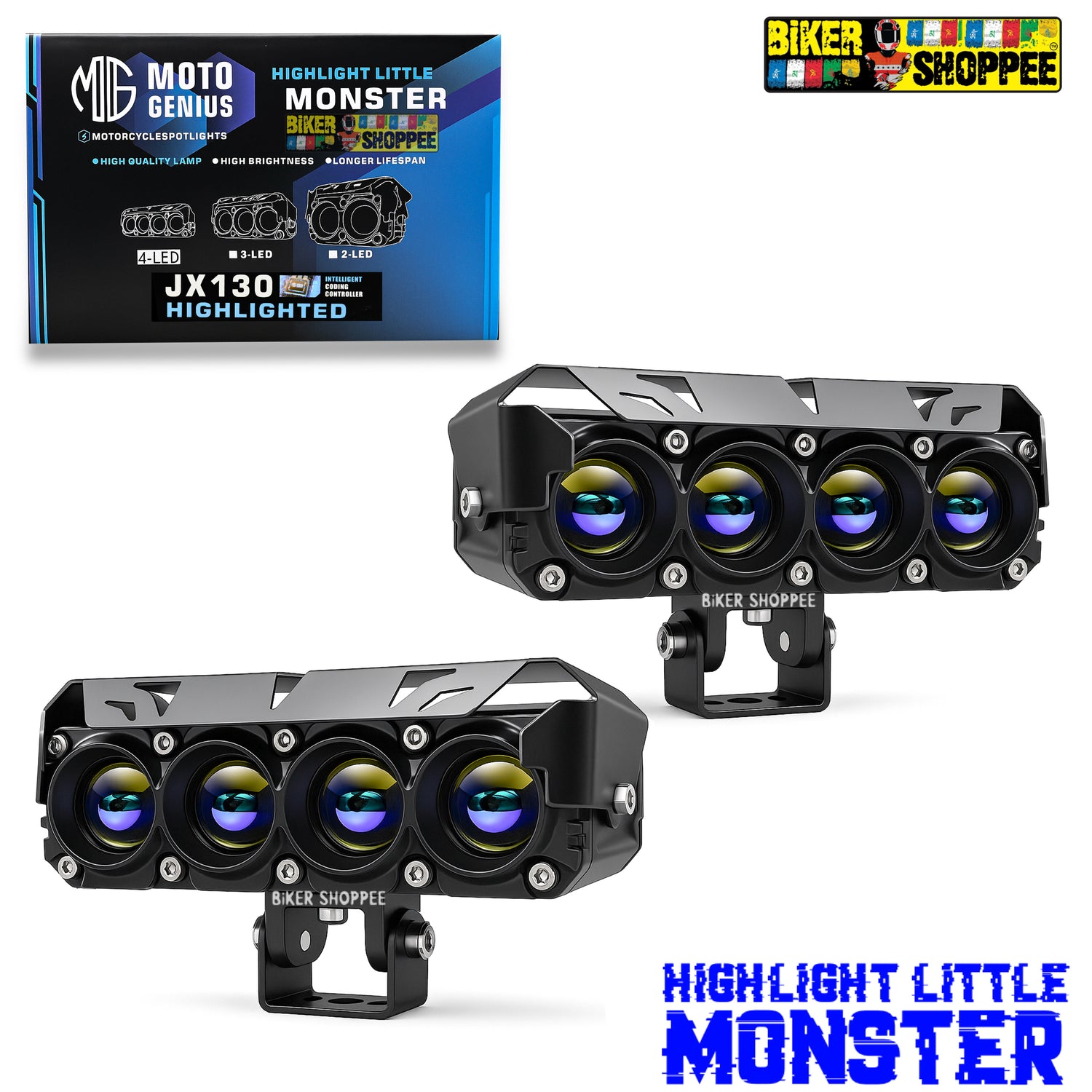 MOTO GENIUS JX130 FOUR SHOT 100W LED FOG LIGHT PAIR | BIKER SHOPPEE