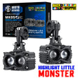 Two motorcycle LED headlight units with packaging and branding displayed.