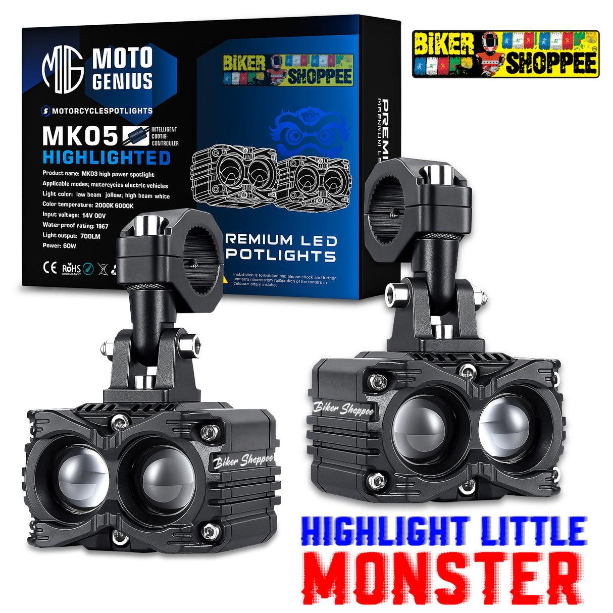 Two motorcycle LED headlight units with packaging and branding displayed.