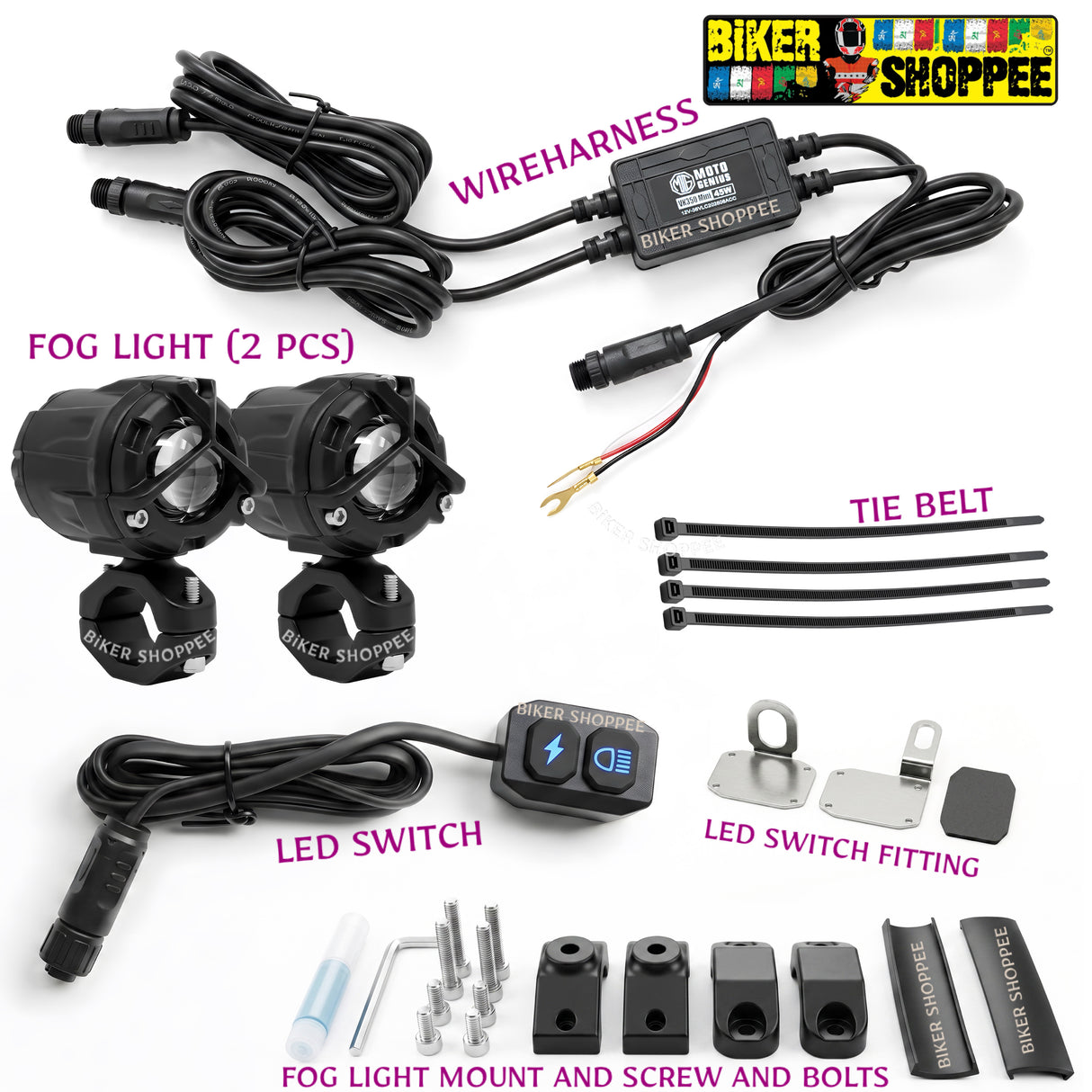 MOTO GENIUS VK350-MINI 45W LED FOG LIGHT WITH WIREHARNESS KIT | BIKER SHOPPEE